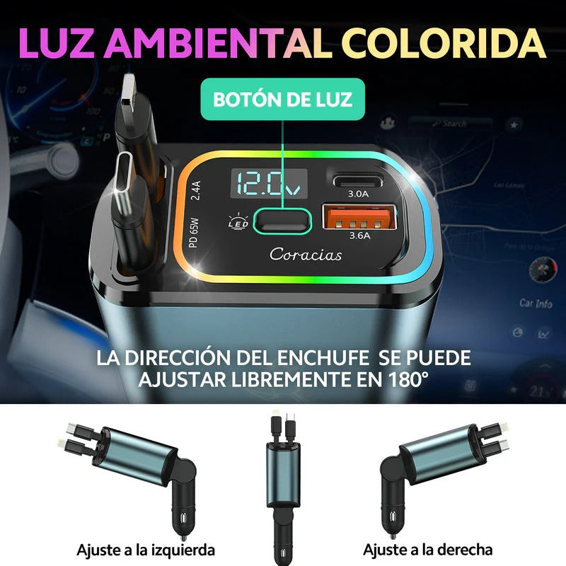 4 En 1 Cargador Retráctil de carro carga rápida de 120V ® + Envío Gratis